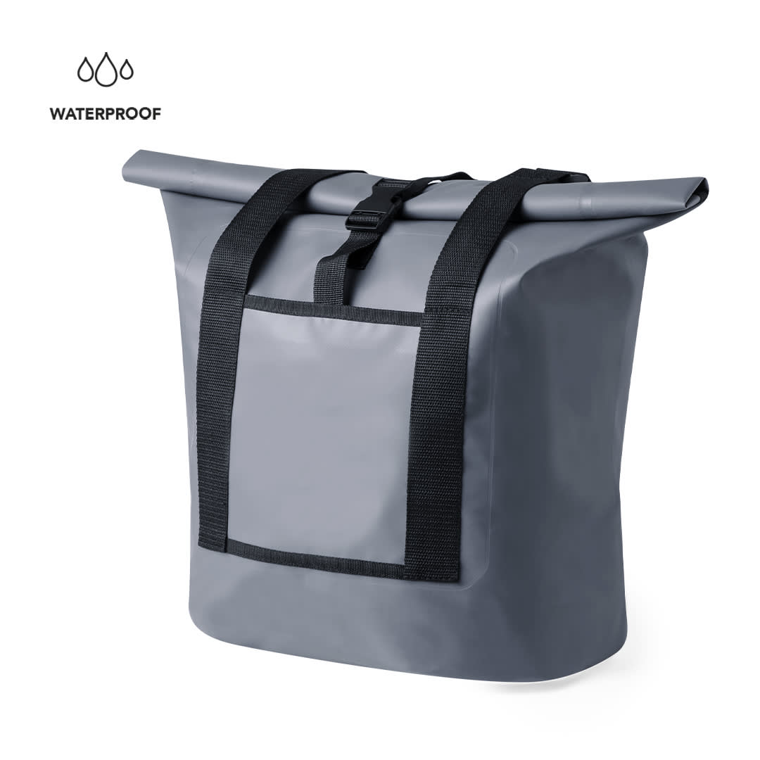 A waterproof dry bag in grey with black straps and a front pocket. Features a sturdy roll-top closure. Jagsen Bag - Image 1