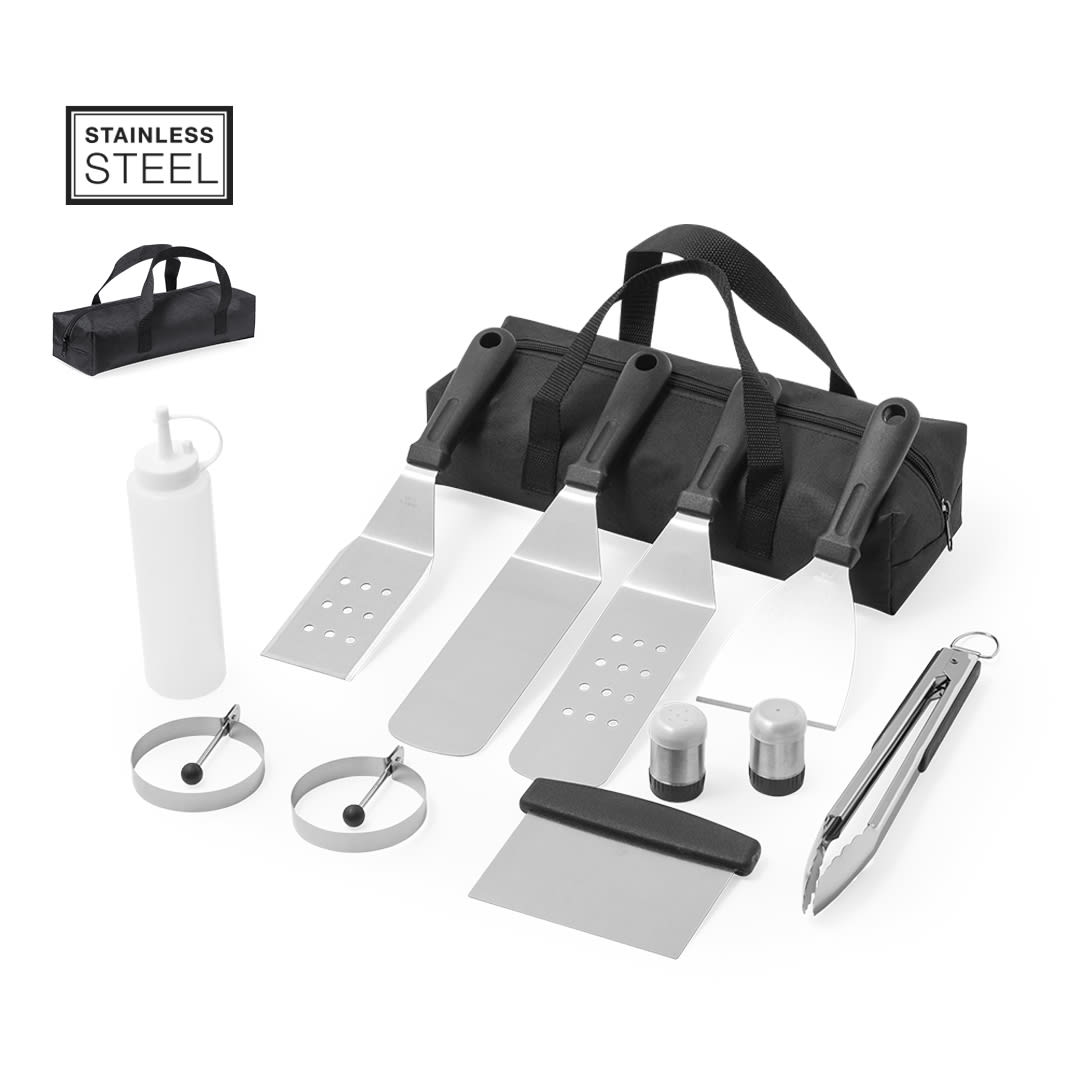 A barbecue set featuring stainless steel spatulas, tongs, seasoning containers, and a carrying bag, in black. Raiken Barbecue Set - Image 1