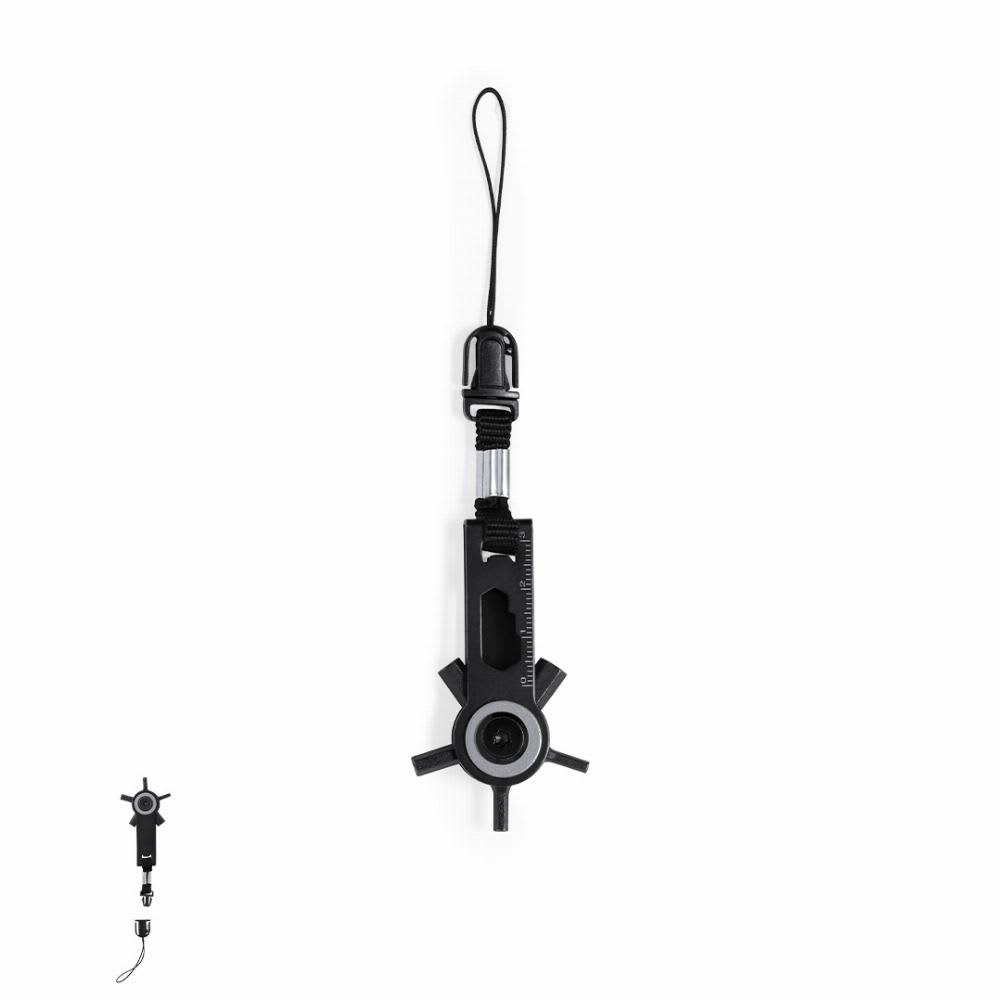 A black multi-tool with a retractable design and lanyard, featuring various functional elements. Sekmed - Image 1