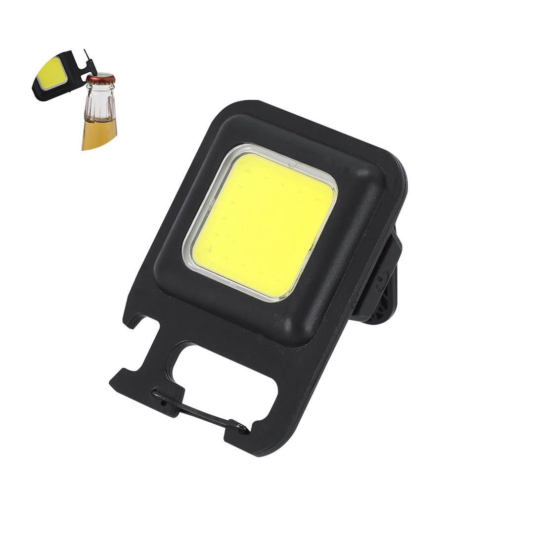 A black torch opener featuring a bright yellow LED light, designed for keyrings and tools. Shaula Opener Torch - Image 1