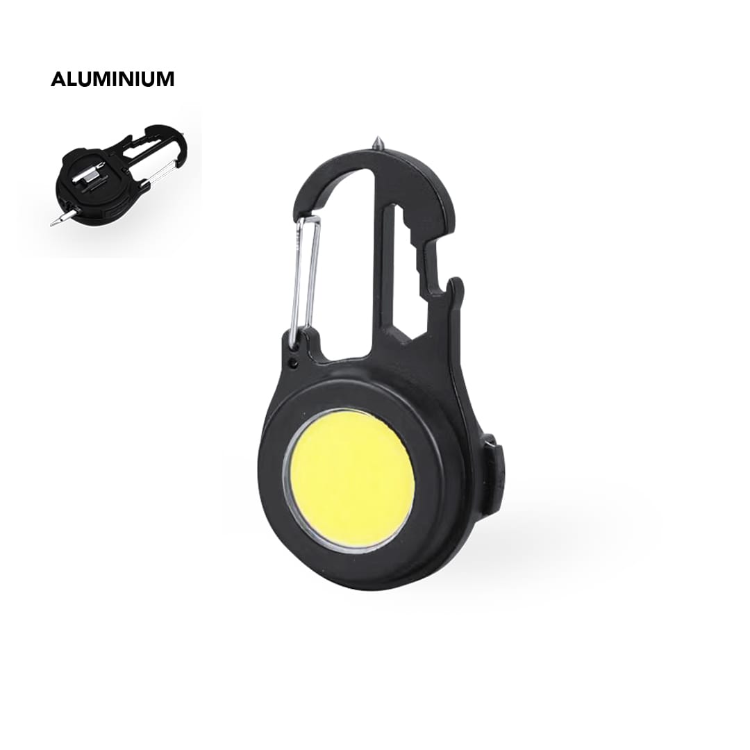 A black aluminium multitool keyring with a yellow circular component and a carabiner clip. It features a logo. Argix Multitool - Image 1