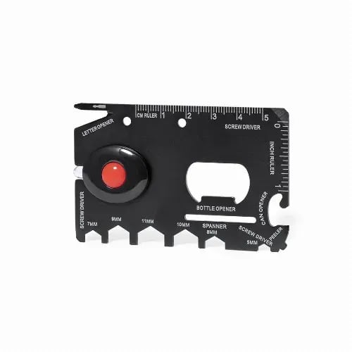 A black multi-tool with various functions including a bottle opener, ruler, and screwdrivers, featuring a red knob. Vireon - Image 1