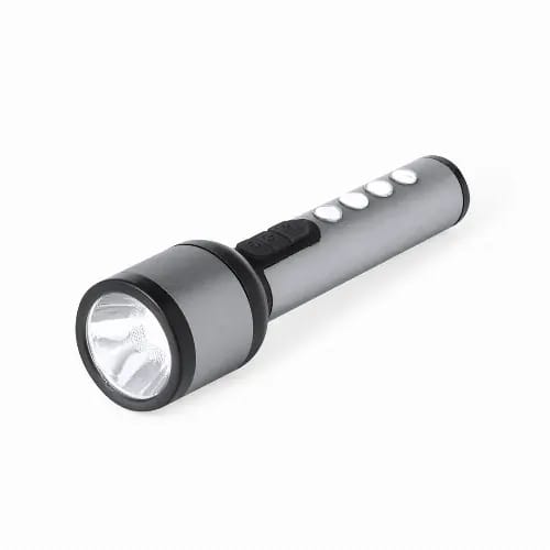 A flashlight in silver with a black handle and buttons, featuring a bright front lens. Eterial - Image 1