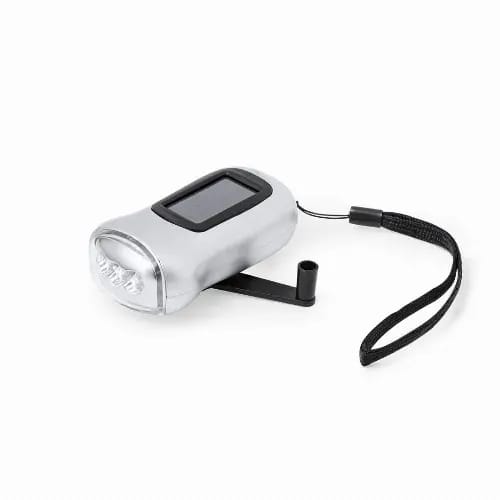 A silver multifunctional flashlight with a solar panel and a wrist strap. It features a display screen and stands. Rogla - Image 1