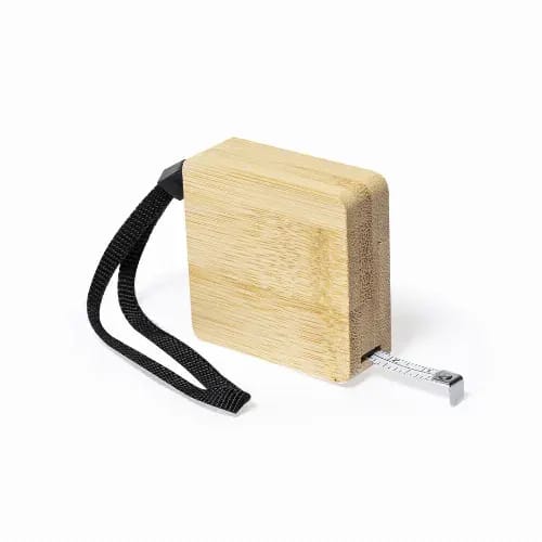 A tape measure with a bamboo casing, featuring a black strap and a white measuring tape. It has a branding logo. Dichen 1m - Image 1
