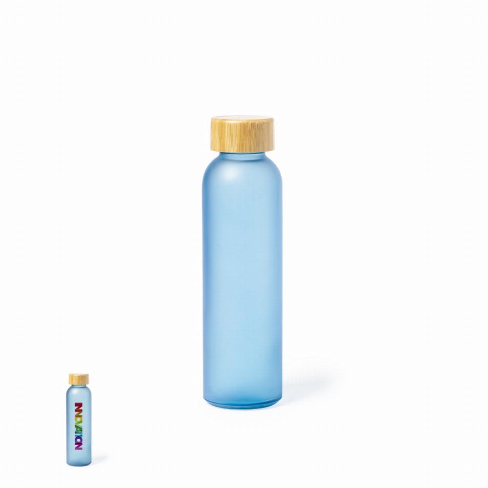 A drink bottle in translucent blue with a wooden lid and a logo on the side. Vantex - Image 1