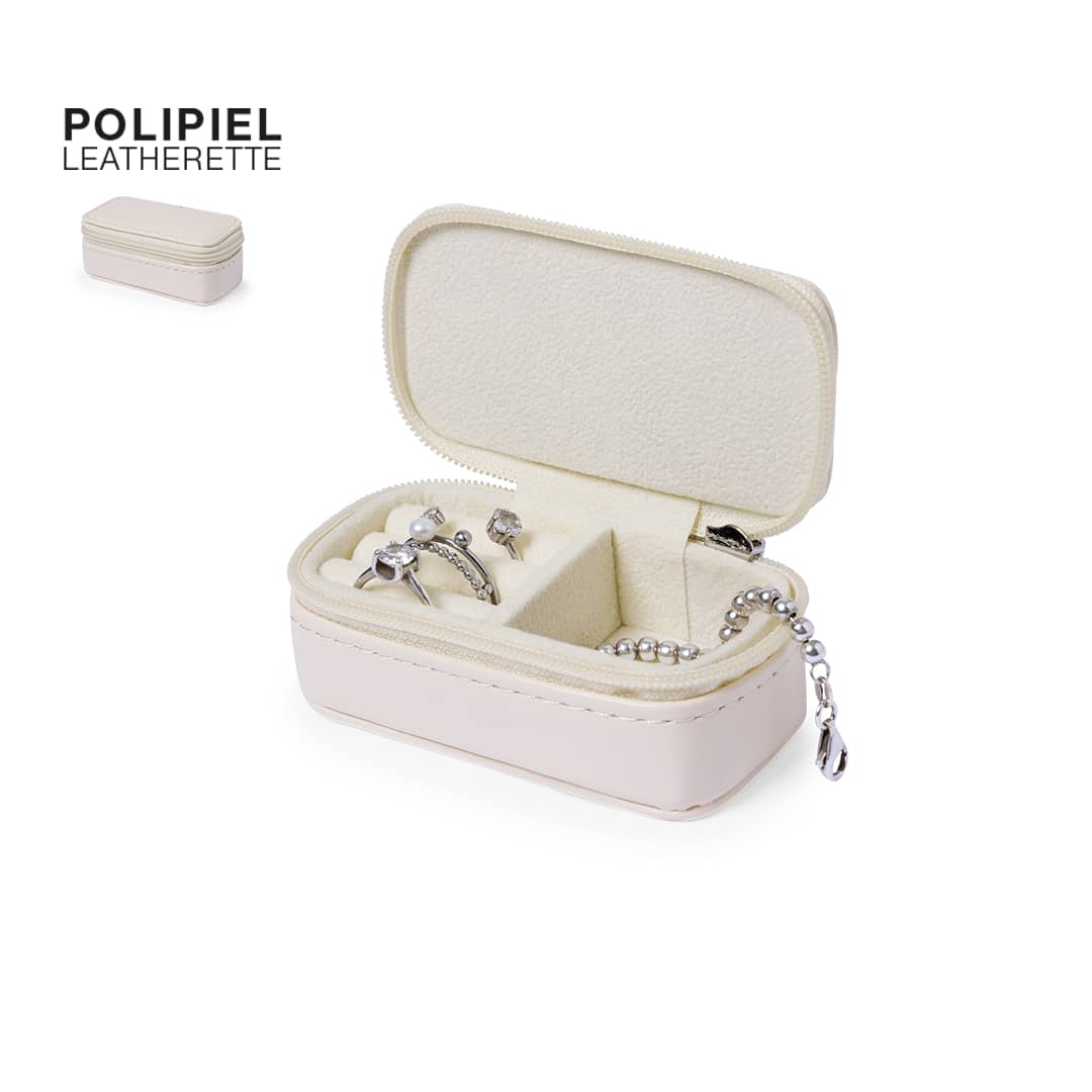 A jewellery box in cream leatherette, featuring compartments for rings and bracelets, with a zipped closure. Moly Jewellery Wrap - Image 1