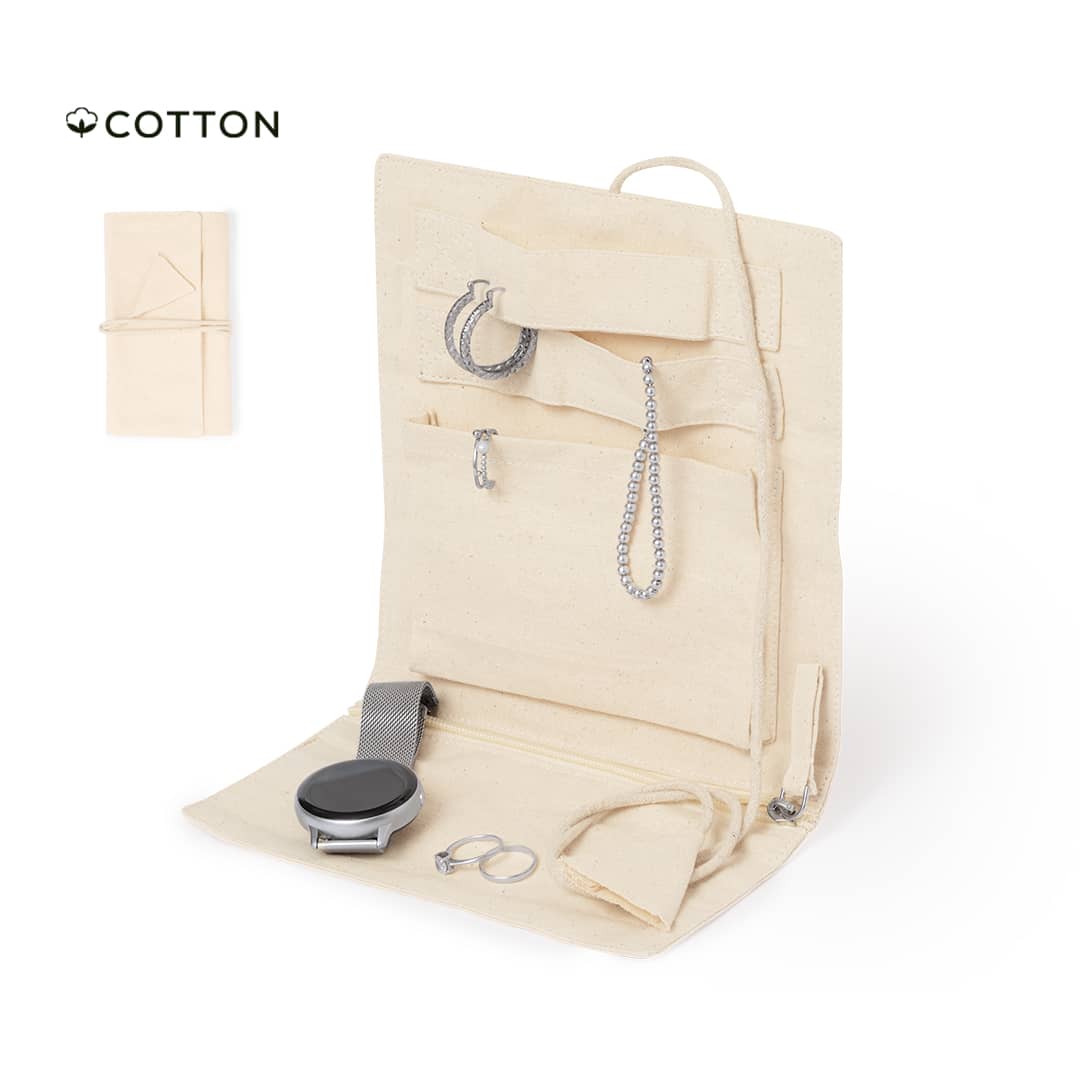 A beige jewellery wrap displaying compartments for rings, a watch, earrings, and necklaces. It features a logo. Azix Jewellery Wrap - Image 1
