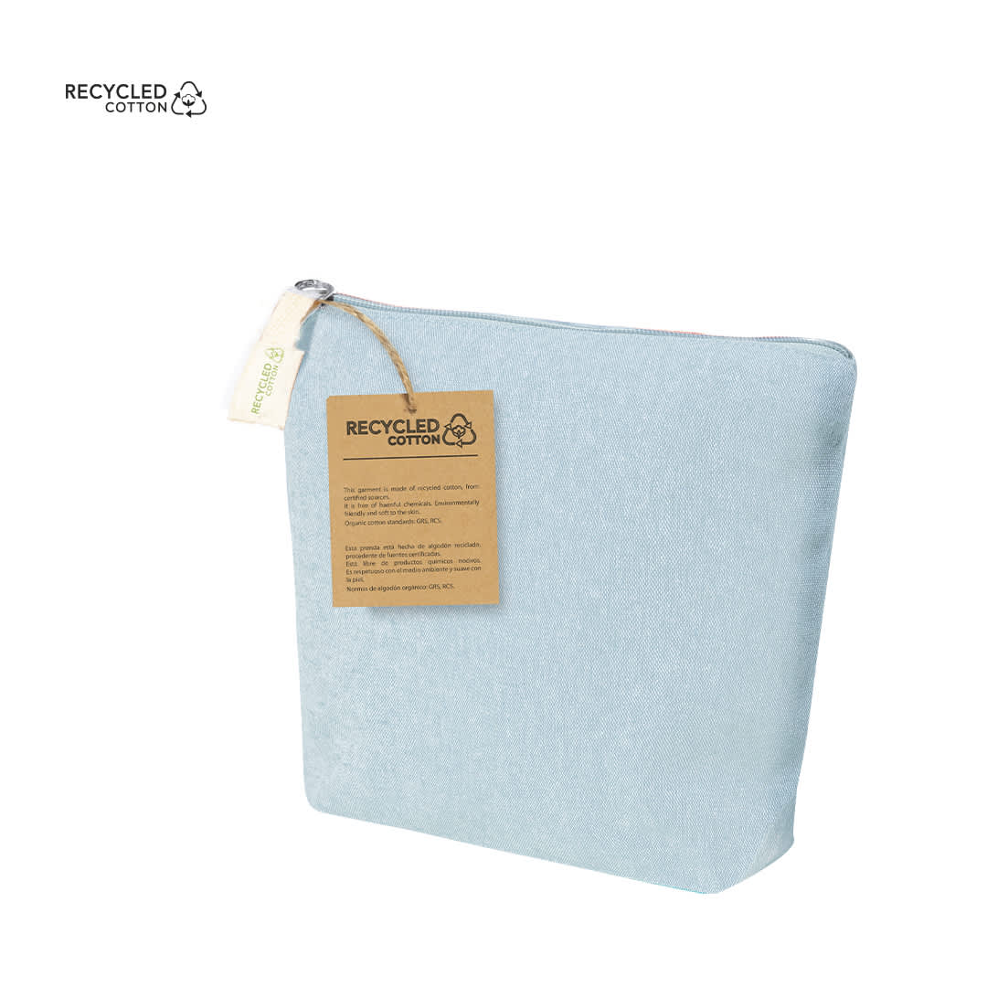 A light blue toiletry bag made from recycled cotton, featuring a zipper and a tag. Belix Beauty Bag - Image 1