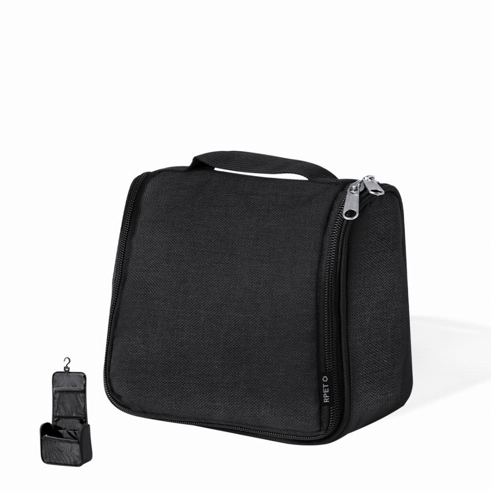 A black zippered toiletry bag with a handle and a hanging feature, showcasing a compact design. Gean - Image 1