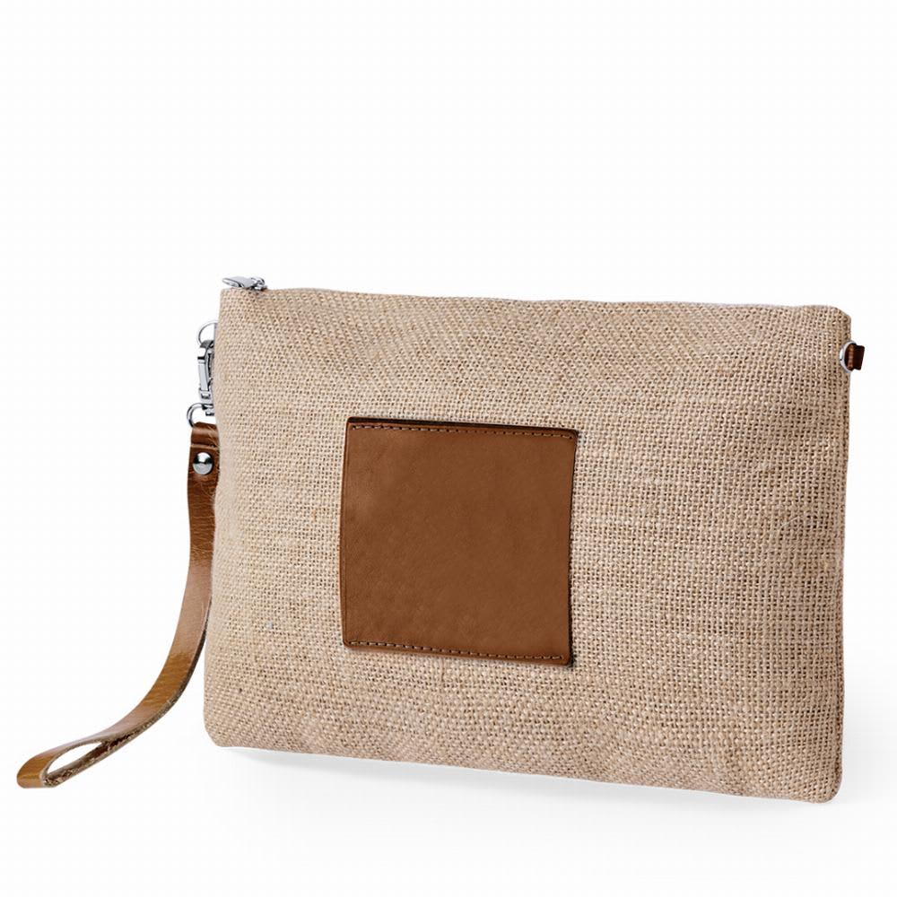 A clutch bag featuring a natural hessian exterior and a brown leather patch, with a detachable wrist strap. Tashi - Image 1