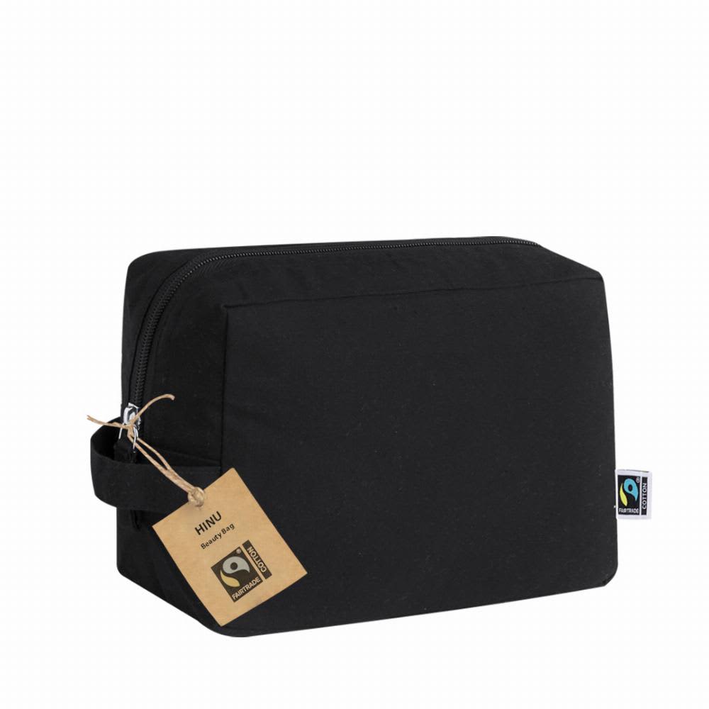 A black travel bag with a zip closure and a handle, featuring a small tag and a logo. Hinu Fairtrade - Image 1