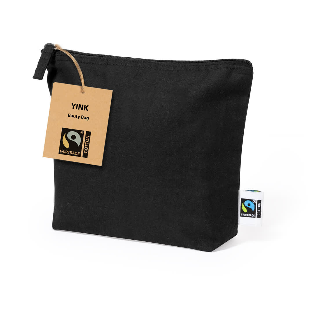 A black toiletry bag with a zipper and a tag, featuring a logo and branding on the side. Yink Fairtrade Beauty Bag - Image 1