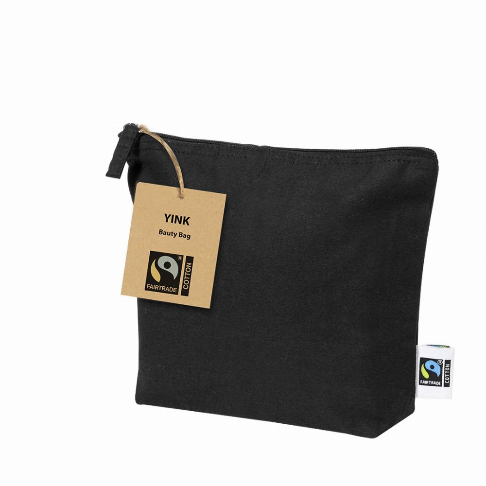 A black cosmetic bag with a zip closure and a tag attached, featuring a branding logo. Yink Fairtrade - Image 1