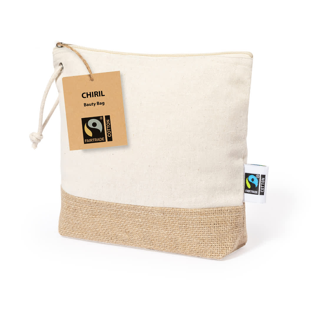 A cream and beige toiletry bag made from cotton with a jute bottom, featuring a branding label. Chiril Fairtrade Beauty Bag - Image 1
