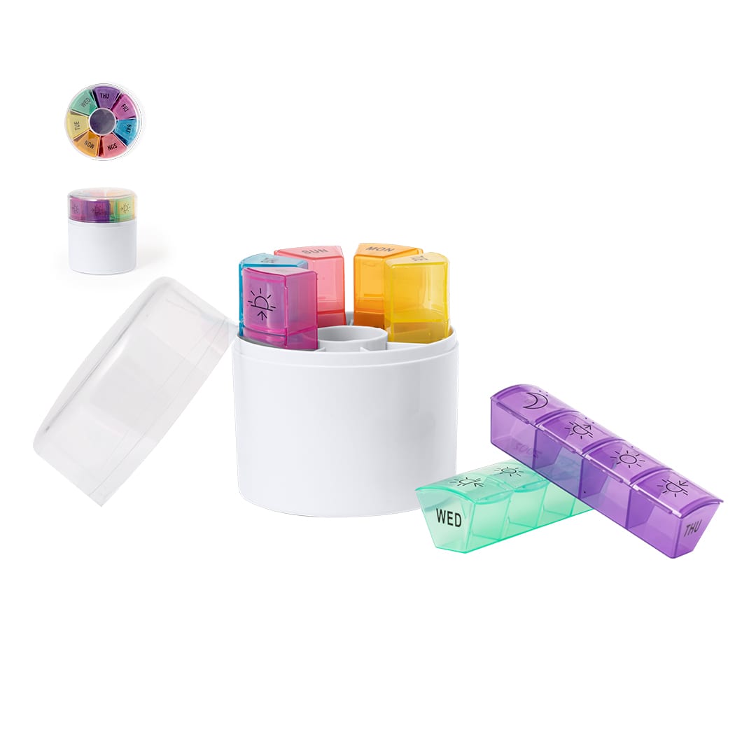 A pill organiser with a round white base and colourful individual compartments in shades of orange, green, purple, and yellow. Ablix Pillbox - Image 1