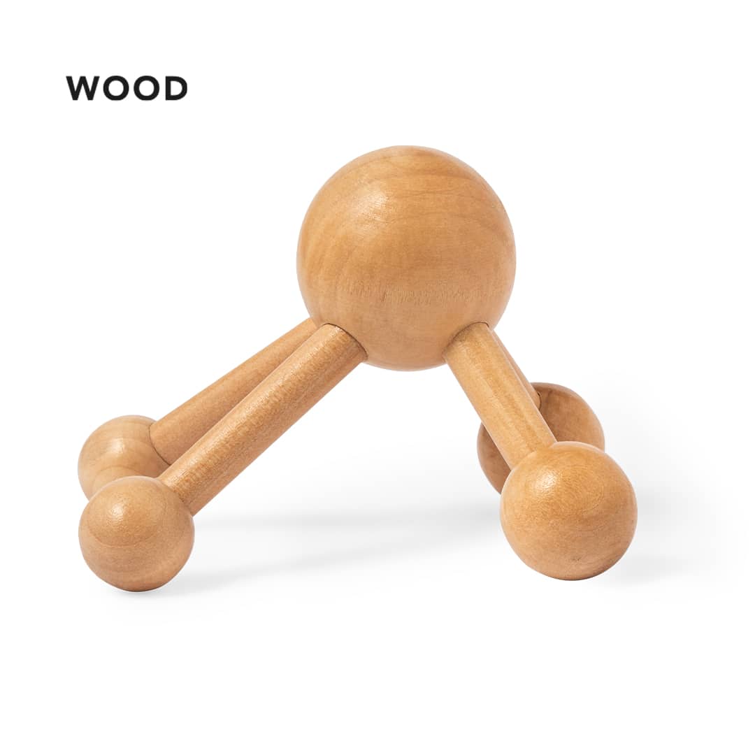 A wooden massager with a spherical top and three rounded legs, featuring a natural timber finish. Avati Massager - Image 1