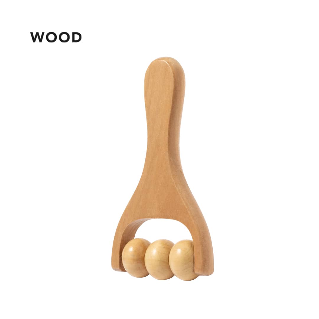 A wooden massager with a handle and three round massage balls at the base. It features a smooth finish and an ergonomic design. Echem Massager - Image 1