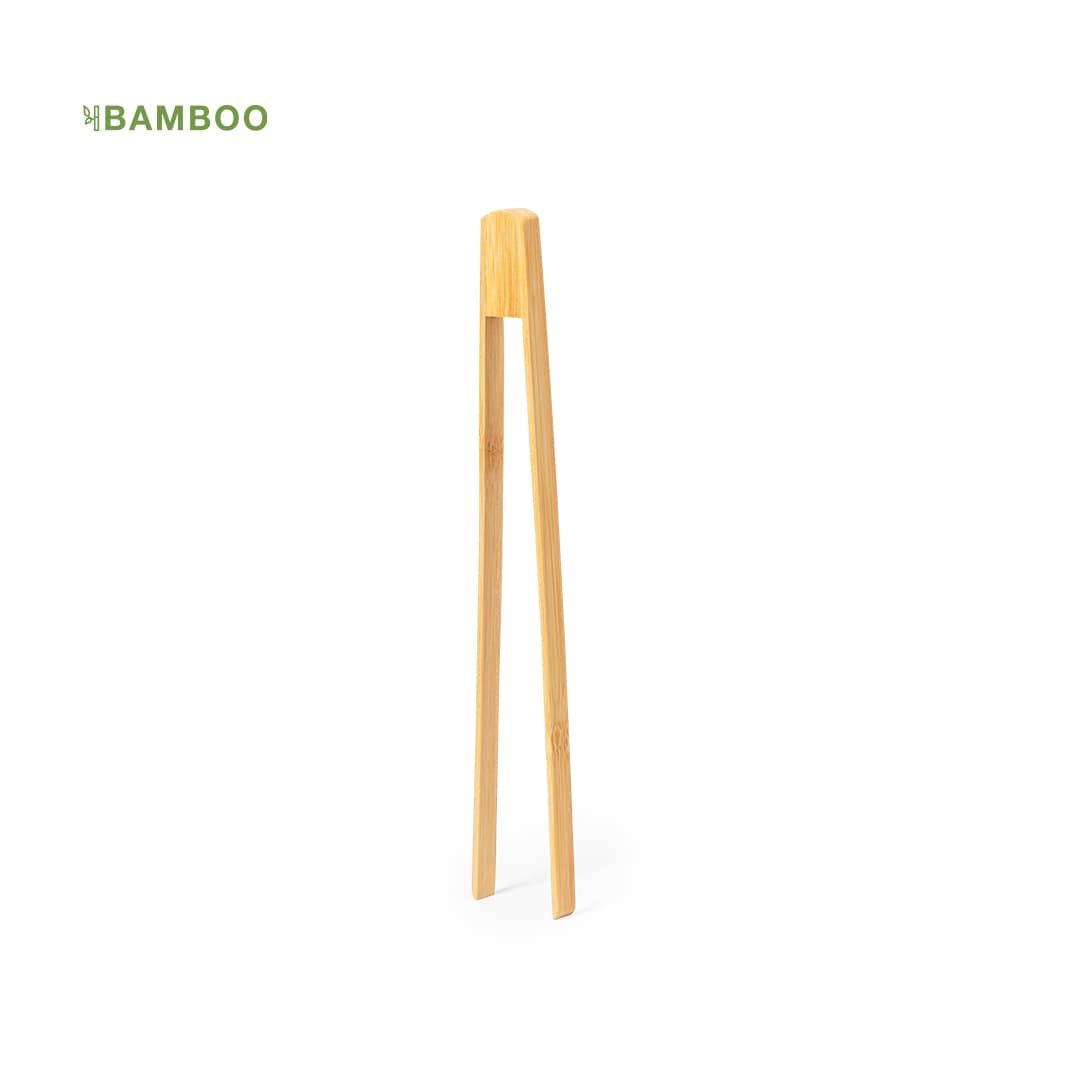 Bamboo kitchen tongs in a natural wood finish, featuring a simple and elegant design. Includes a logo. Nigma Kitchen Tongs - Image 1