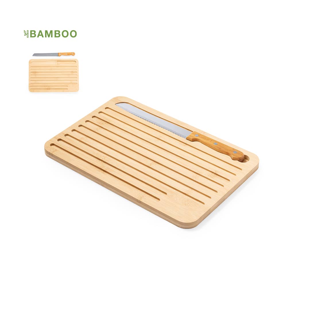 A bamboo cutting board featuring grooves and a serrated knife, showcasing a natural wood finish. Myoria Kitchen Cutting Board - Image 1