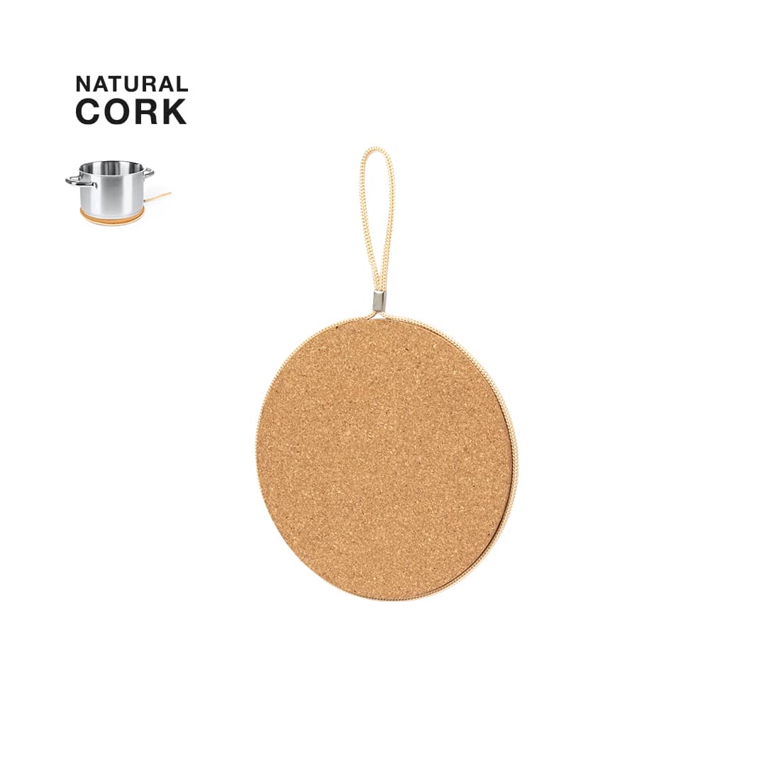 A round, natural cork heat-resistant mat with a hanging loop, featuring a simple design against a white background. Melorix Holder - Image 1