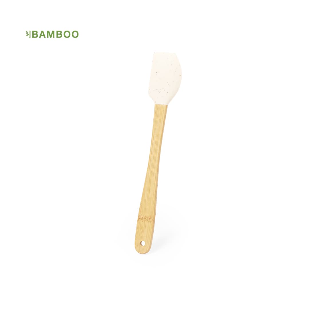 A spatula with a white silicone head and a bamboo handle. The spatula has a small hole for hanging. Aloria Spatula - Image 1