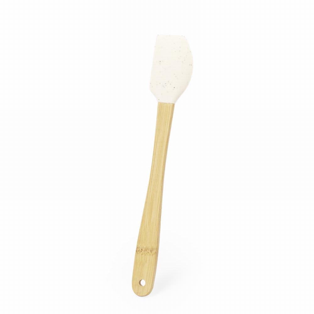 A spatula with a white silicone head and a bamboo handle, featuring a hanging hole for storage. Aloria - Image 1