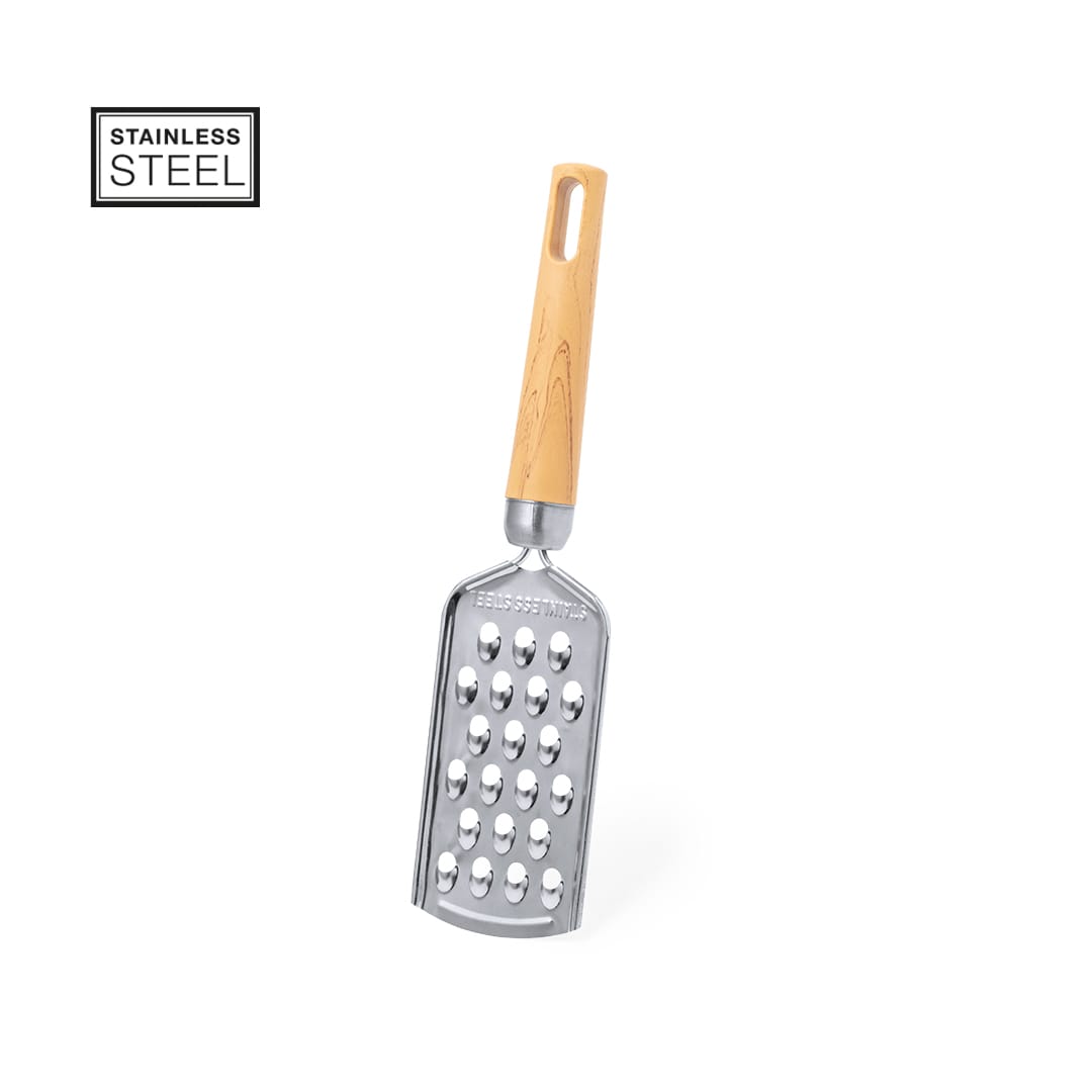 A stainless steel grater with a wooden handle, featuring multiple grating holes. It has a simple, sleek design. Benuat Grater - Image 1