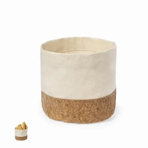 A storage container with a cream fabric top and a cork base. Features a simple, minimalist design. Zolar - Image 1