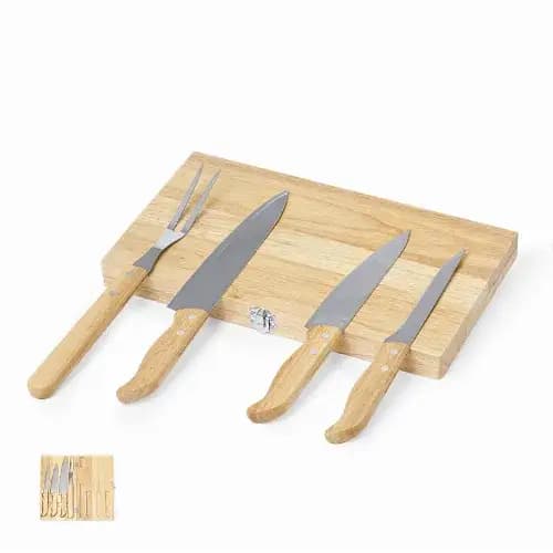 A wooden cutting board displays four kitchen knives with light wooden handles and stainless steel blades. Bergin - Image 1