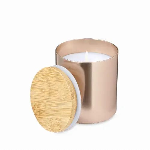 A candle in a rose gold metal container with a bamboo lid, featuring a white wax interior. Rudyn - Image 1
