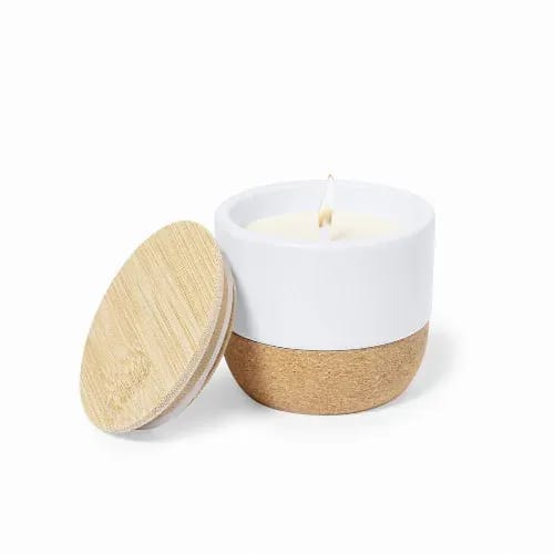 A candle in a white and natural wood container with a cork base and a wooden lid, featuring a single wick. Lavolia - Image 1