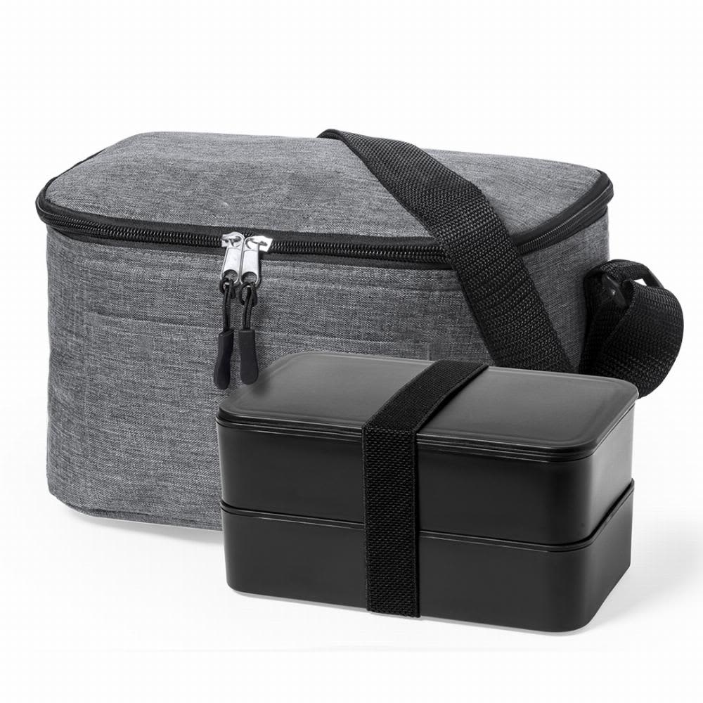 A grey zippered lunch bag with a black two-tiered food container beside it. Both items are sleek and portable. Glaxia - Image 1