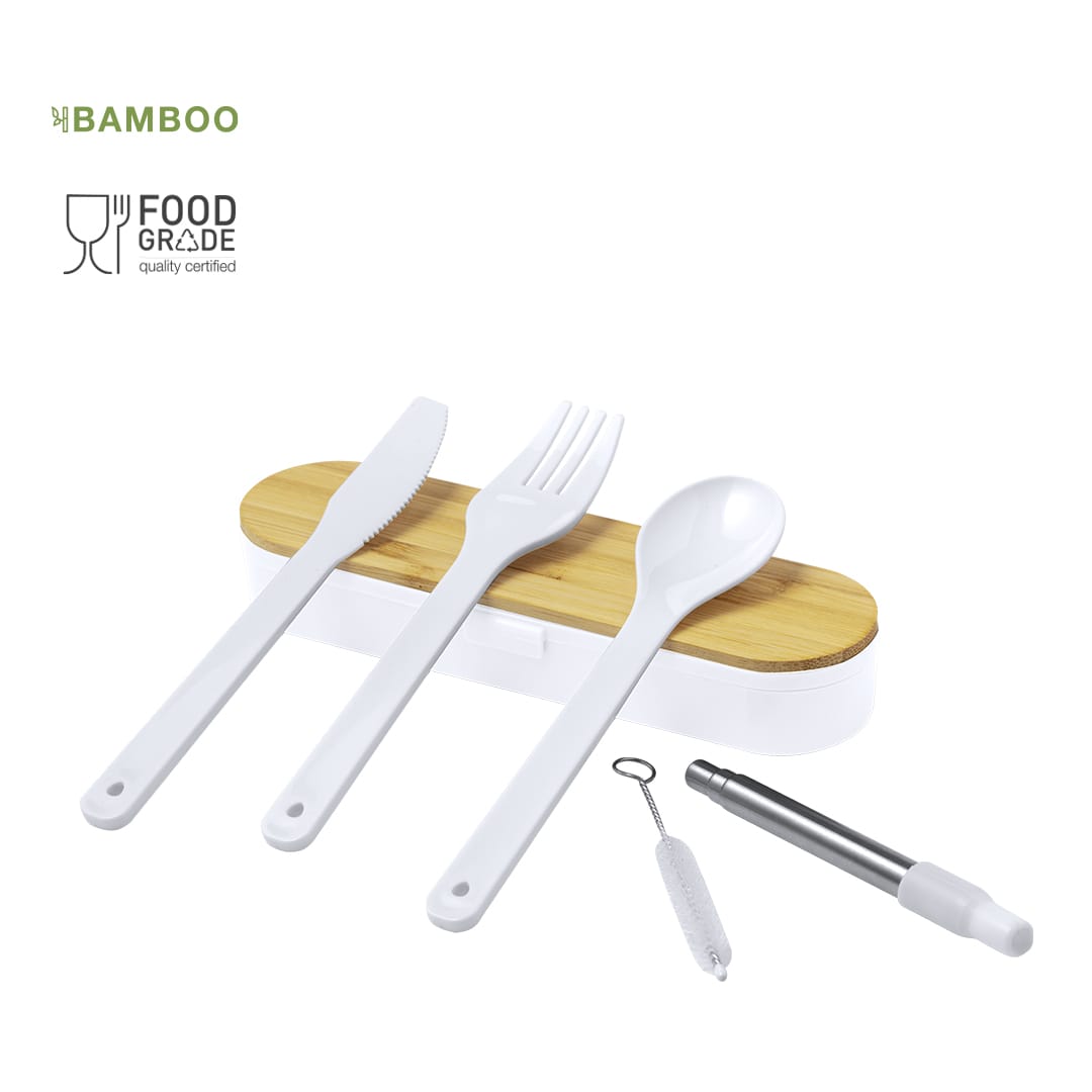 A cutlery set featuring a bamboo case, including a knife, fork, spoon, and cleaning brush, all in white. Milner Cutlery Set - Image 1