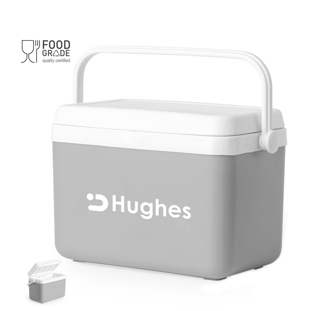 A grey cooler bag with a white lid and handle, featuring a logo. Includes a small, removable ice compartment. Vilan Cool Bag - Image 1