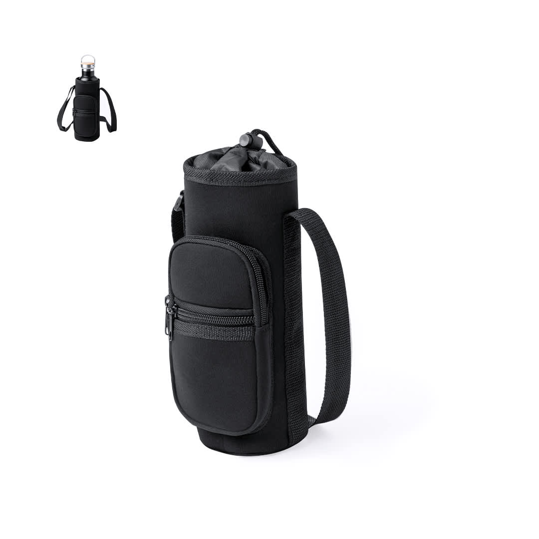 A drink bottle holder in black with a zippered pocket and adjustable strap. Features a drawstring closure at the top. Rafle Bottle Holder - Image 1