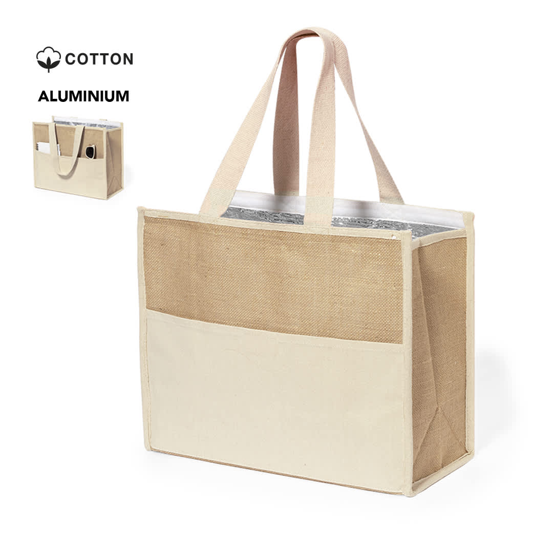 A cooler bag in natural tones, featuring two handles and a transparent top compartment with a logo. Presli Cool Bag - Image 1