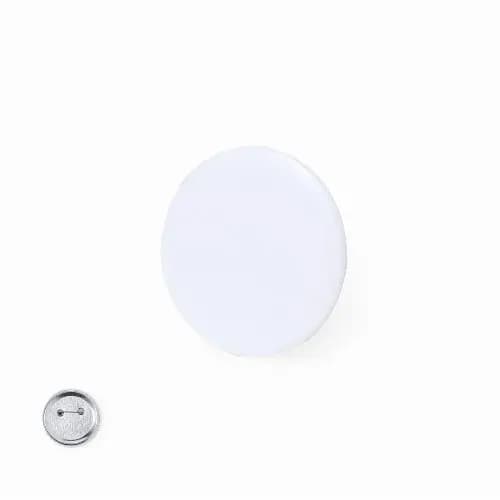 A white button badge with a silver backing. The badge has a smooth surface without any visible design. Varek - Image 1