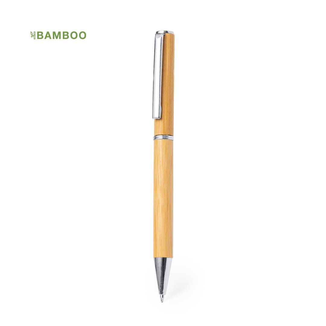 A bamboo pen with a chrome clip and tip, featuring a sleek design. The pen has a natural wood finish. Stenson Pen - Image 1