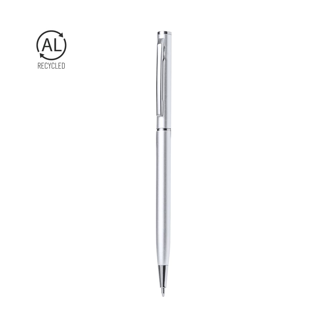 A metal pen in silver with a sleek design and a branding logo, featuring a recycled materials indicator. Reist Pen - Image 1