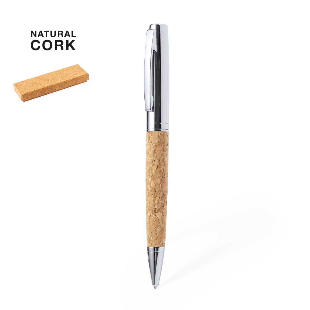 A metal pen with a natural cork grip and a silver finish, featuring a branding logo. Fitin Pen - Image 1
