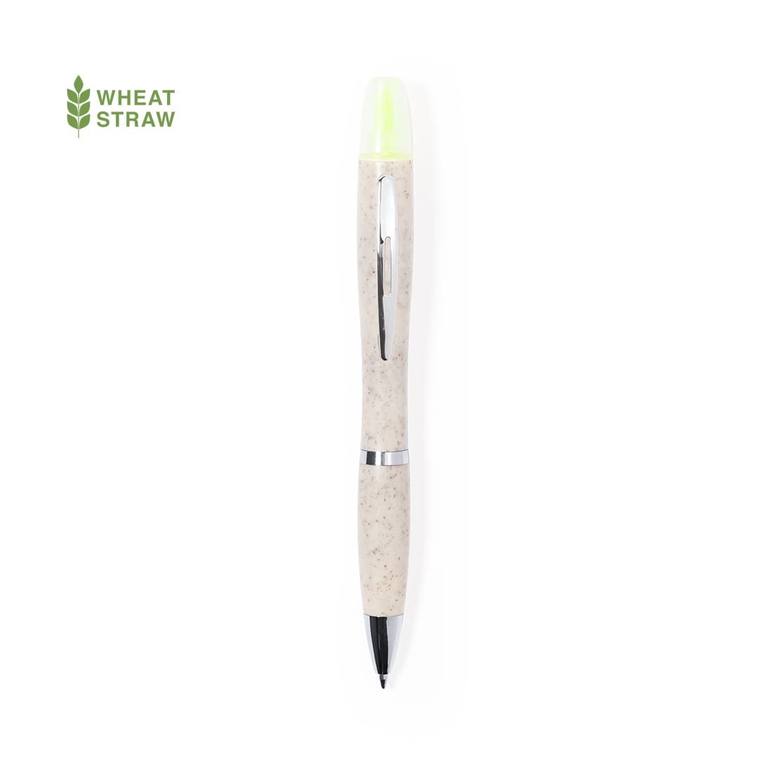 A pen made from wheat straw featuring a light green cap and a silver clip. The body is beige with a textured finish. Kinun Pen - Image 1