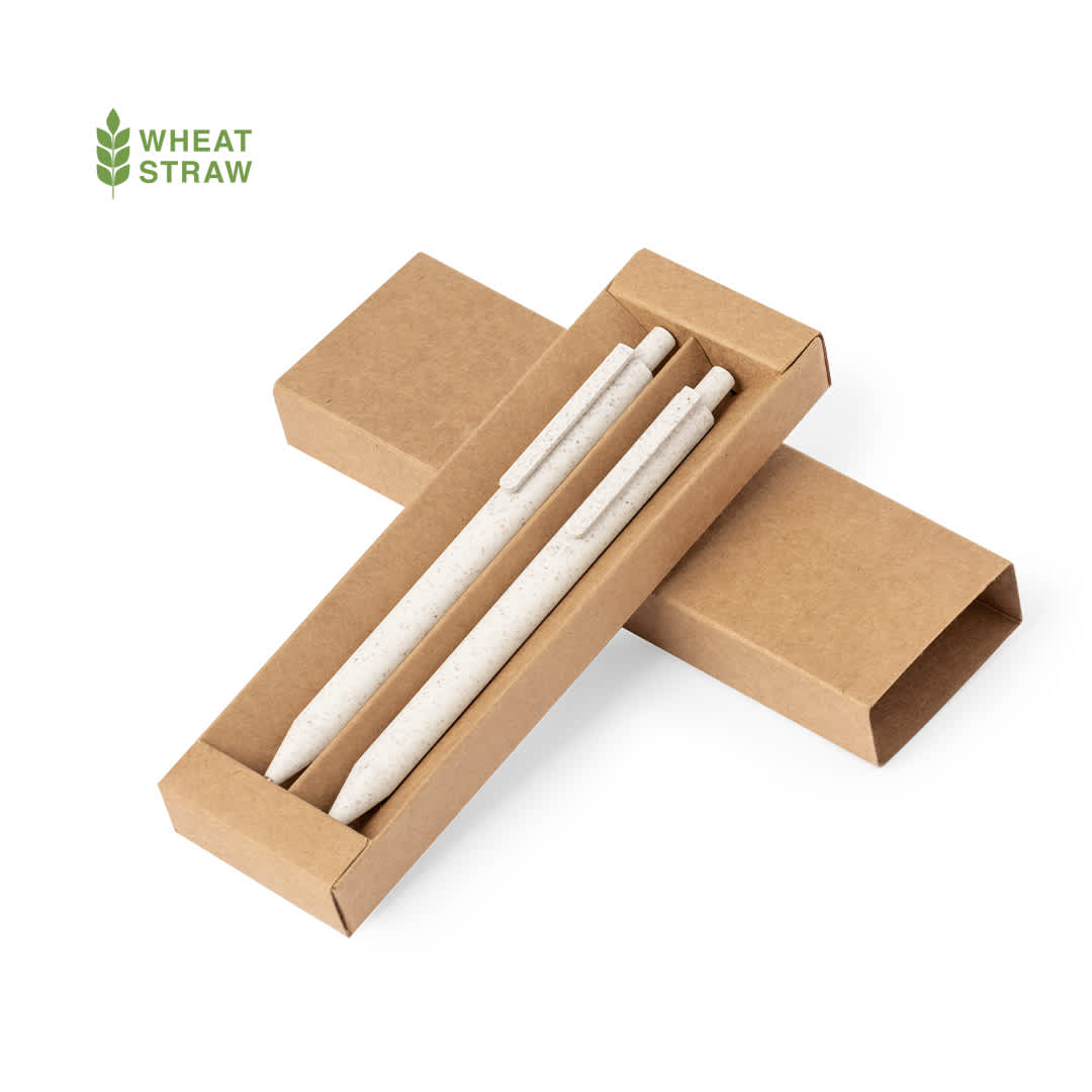 A pen and pencil set in a kraft box, featuring white wheat straw pens. The packaging has a logo. Onyx Set - Image 1