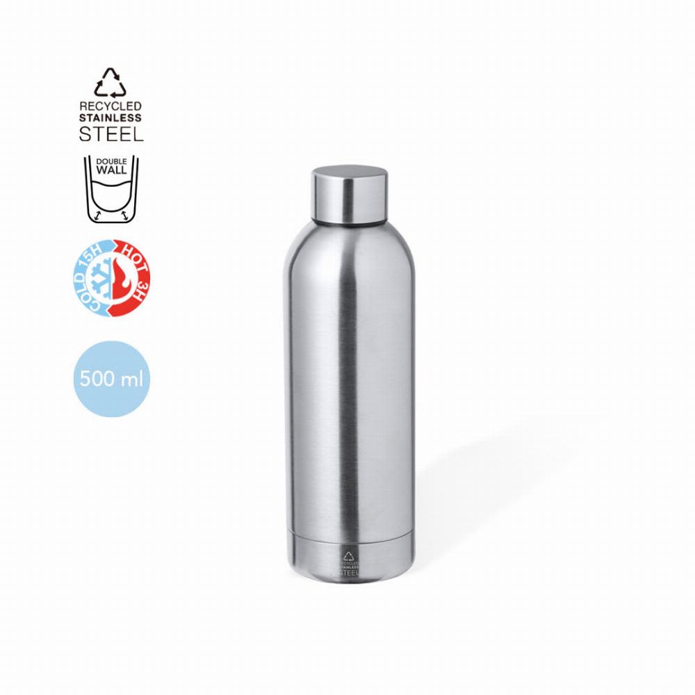 A stainless steel drink bottle with a sleek design and a silver finish, featuring a double wall for insulation. Hilker - Image 1