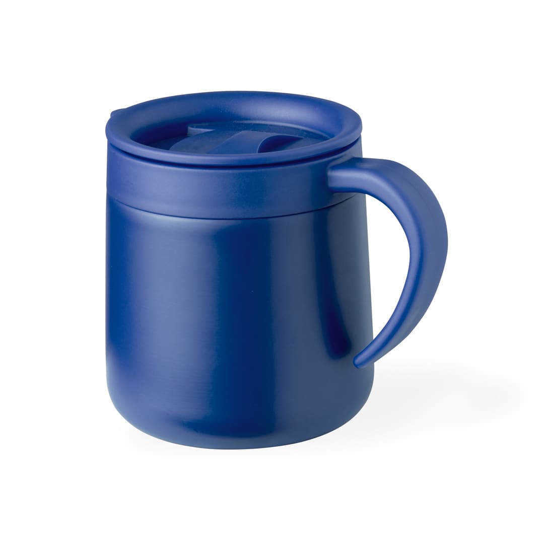 A navy blue insulated mug with a handle and a lid featuring a logo. Ideal for travel. Bokat Insulated Mug - Image 1