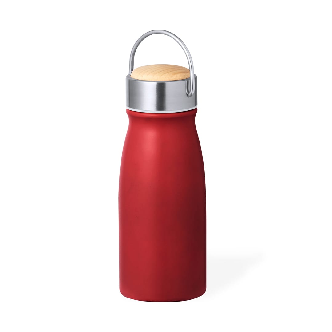 A drink bottle in a vibrant red finish with a stainless steel lid and wooden accent. It features a handle for easy carrying. Barns Insulated Bottle - Image 1