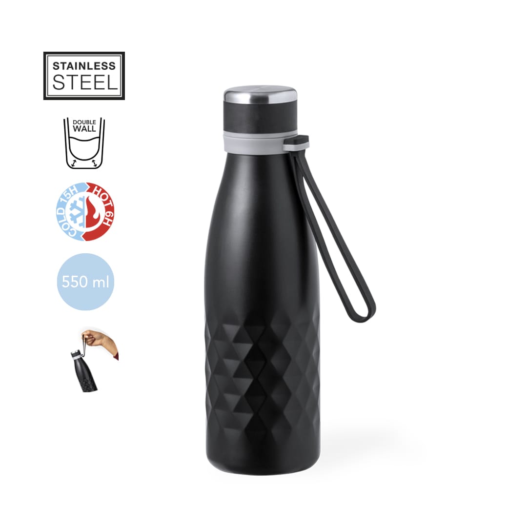 A drink bottle in black stainless steel with a textured design, featuring a detachable strap and a lid. Hexor Insulated Bottle - Image 1