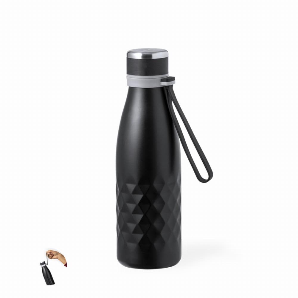 A drink bottle in matte black with a textured diamond pattern, featuring a silver lid and a carry strap. Hexor - Image 1