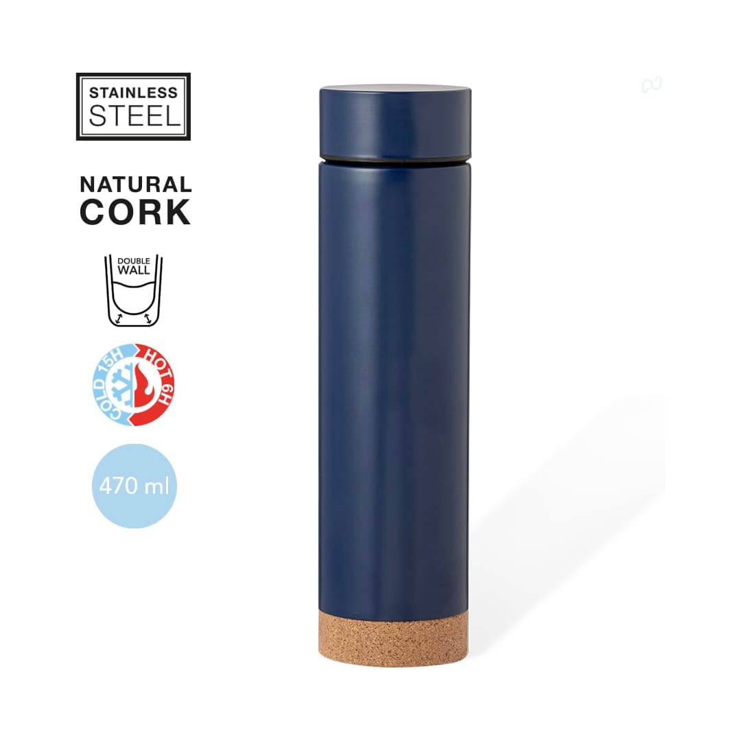 A drink bottle made of stainless steel, featuring a navy blue finish and a natural cork base, holds 470 ml. Dantek Vacuum Flask - Image 1
