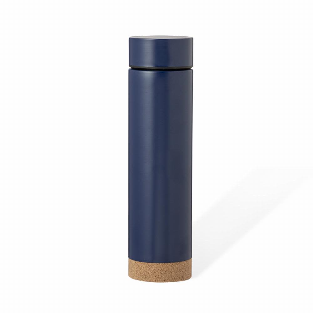 A drink bottle in navy blue with a cork base, featuring a sleek, cylindrical design and a matching lid. Dantek - Image 1